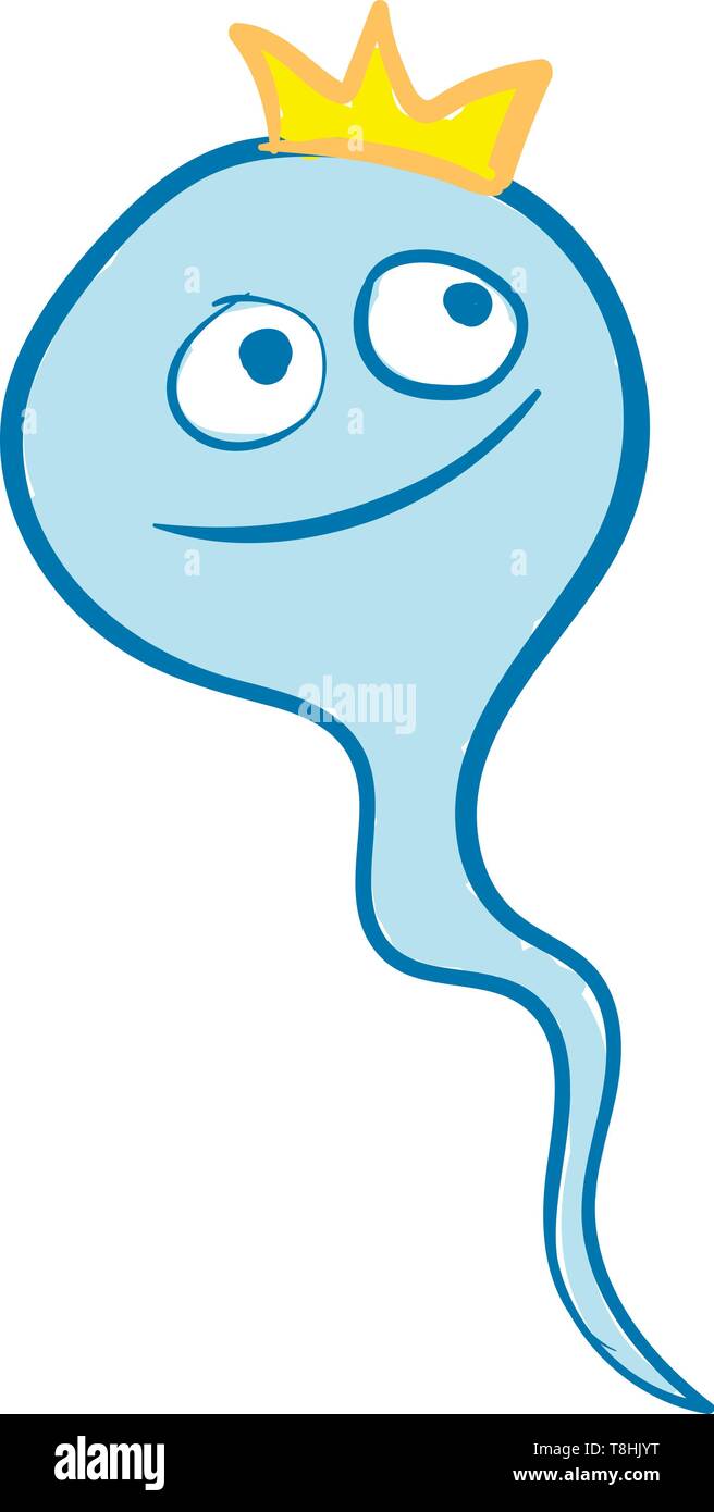 Emoji eines blauen Samenzellen trägt eine goldene Krone mit zwei Augen gerollt Links hat eine geschlossene Lächeln unterwegs, Vector, Farbe, Zeichnung oder Abbildung. Stock Vektor