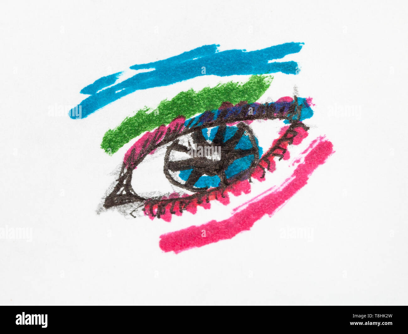 Bunte menschliche Auge Nahaufnahme von Hand gezeichnet von filzstiften auf weißem Papier Stockfoto