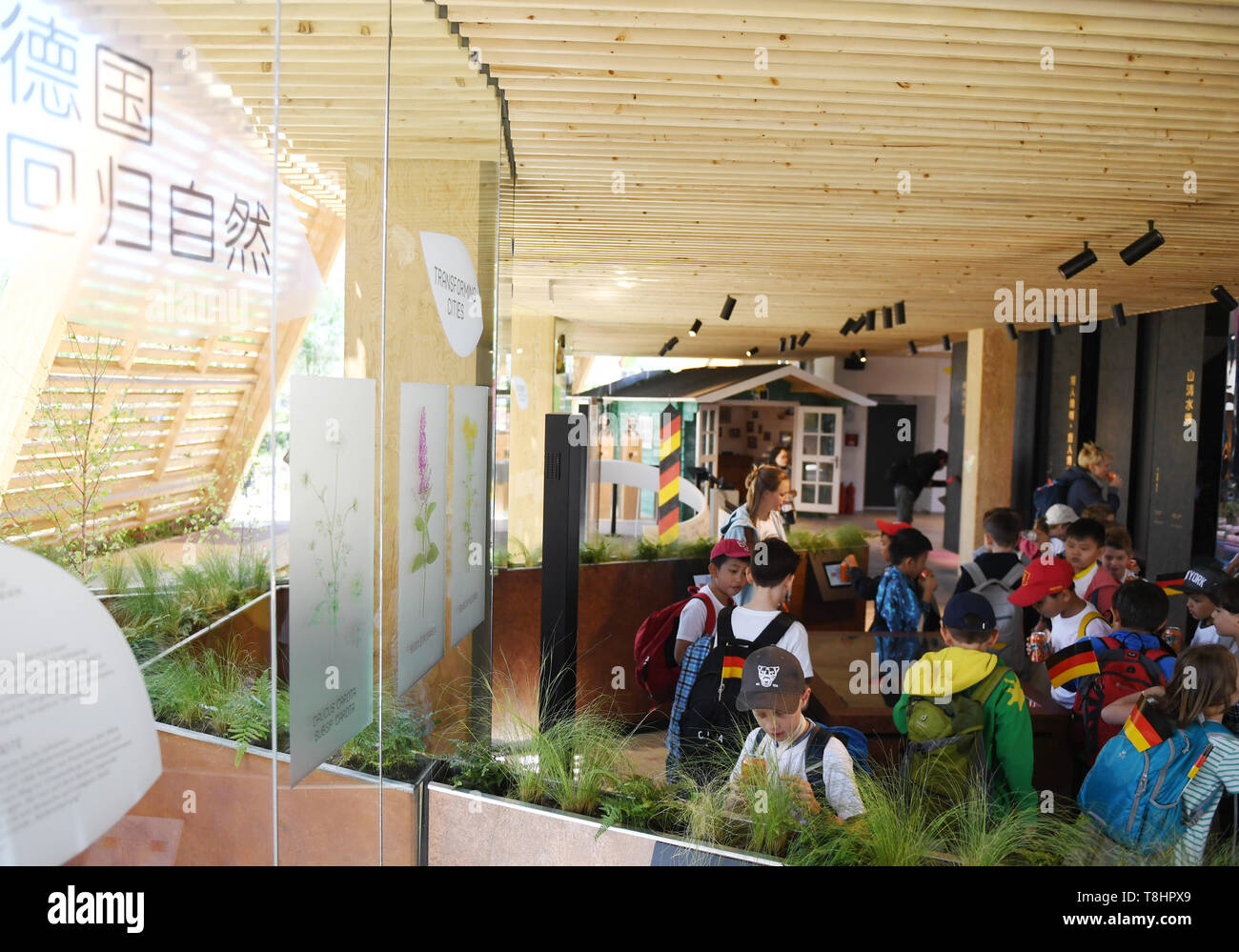 Peking, China. 13. Mai, 2019. Besucher sind auf dem Deutschen Tag in Peking Internationale Gartenbauausstellung in Peking, der Hauptstadt von China, am 13. Mai 2019 gesehen. Die expo Deutschland Tag am Montag. Mit einem Thema der "Keimzelle der Zukunft", der Deutsche Pavillon stellt wie grüne Initiativen und Projekten geholfen Wiederherstellung der Umwelt nach Verschmutzung, mit Bildern und Videos, die die historischen Veränderungen, die in der Essener Innenstadt, der Emscher und der Pufferzone des deutsch-deutschen Grenze. Credit: Zhang Chenlin/Xinhua/Alamy leben Nachrichten Stockfoto