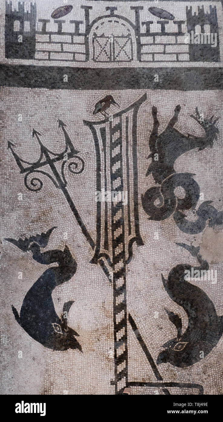 Antike Mosaik der marine Figuren auf einer Etage von einem reichen Haus in Pompeji. Stockfoto