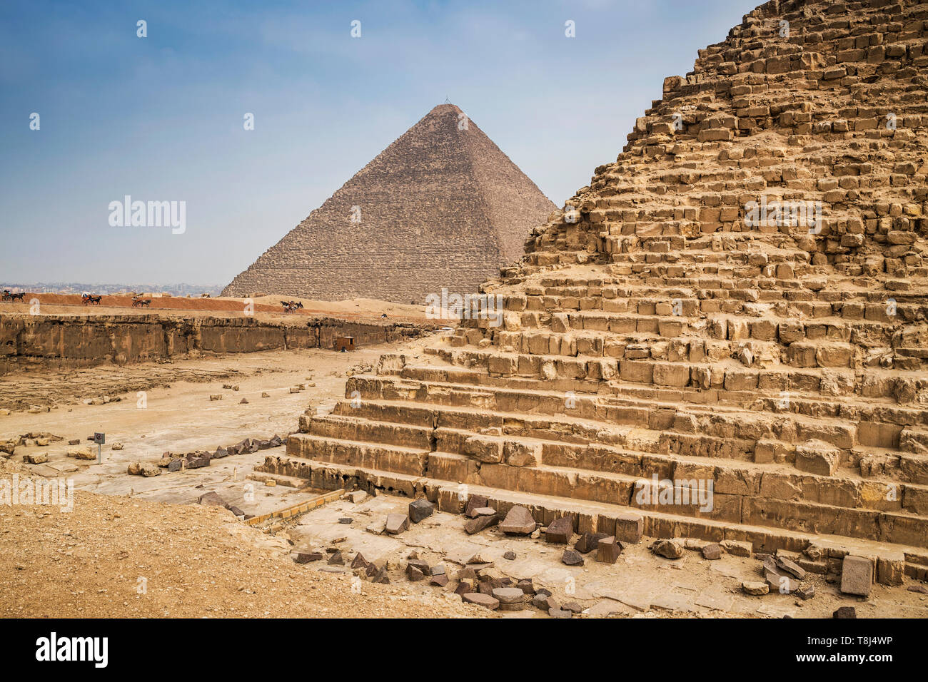 Pyramide von Gizeh Komplex in der Nähe von Kairo, Ägypten Stockfoto