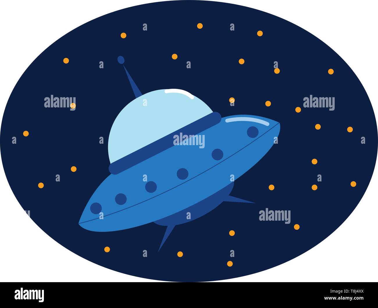 Eine fliegende Untertasse in den Raum mit den vielen Sternen am Himmel, Vector, Farbe, Zeichnung oder Abbildung. Stock Vektor