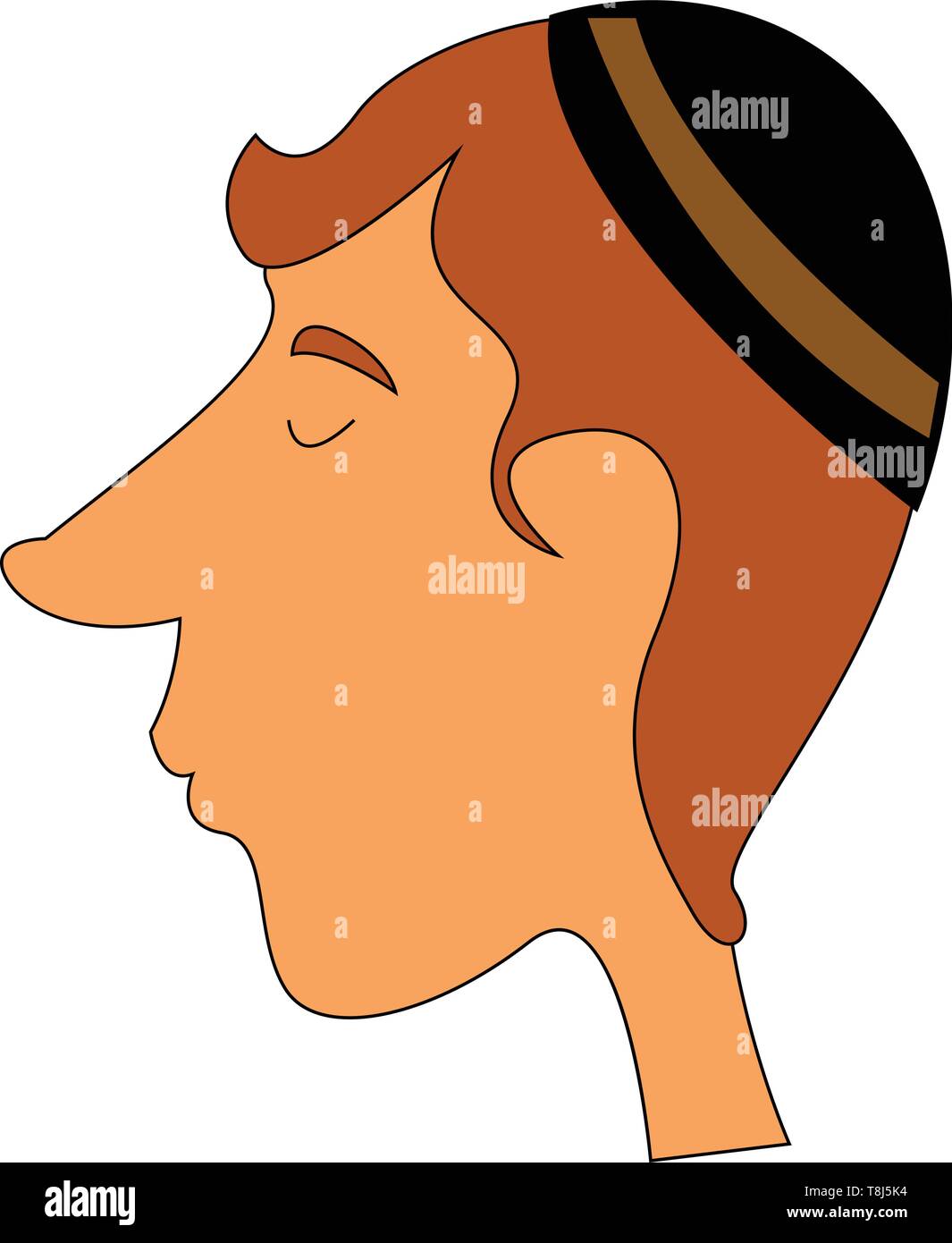 Eine jüdische Kerl mit langer Nase tragen eine Runde jüdischen Kappe über seinem Kopf, Vector, Farbe, Zeichnung oder Abbildung. Stock Vektor