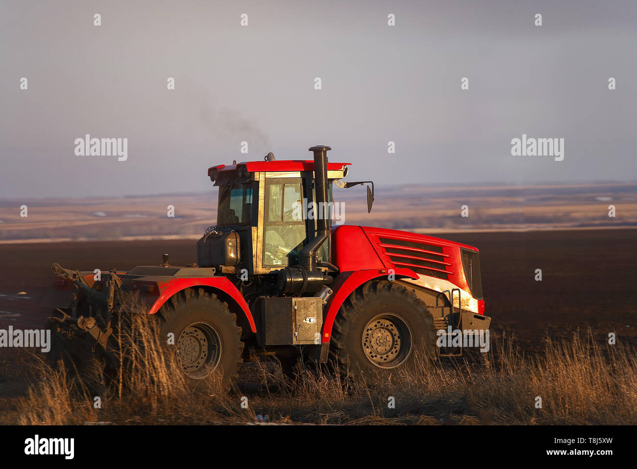 Große rote Traktor auf dem Hintergrund der gepflügten Feldes. Beginn der Pflanzsaison in Farmen Stockfoto