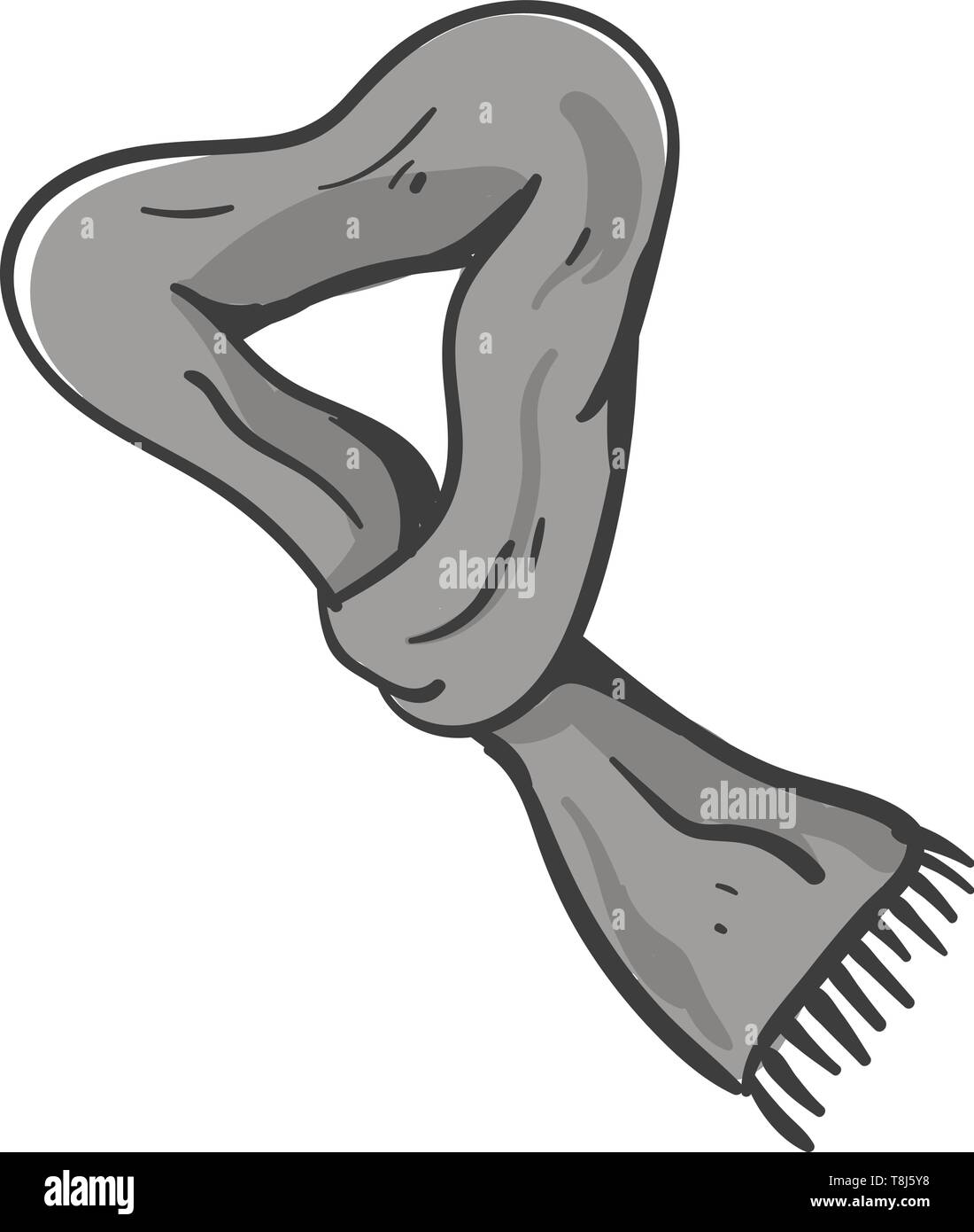 Einen langen grauen Schal gestrickt mit kurzen Fäden an den Enden links auf weißem Hintergrund gebunden ist perfekt für den Winter, um sich warm zu halten, Vektor Stock Vektor