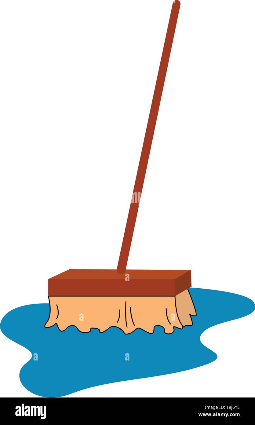 Mop mit einem langen braunen Griff und Borsten reinigt den Vordergrund mit dem laufendem Wasser verschüttet von vorne, Vektor gesehen, Farbe, Zeichnung oder Illus Stock Vektor
