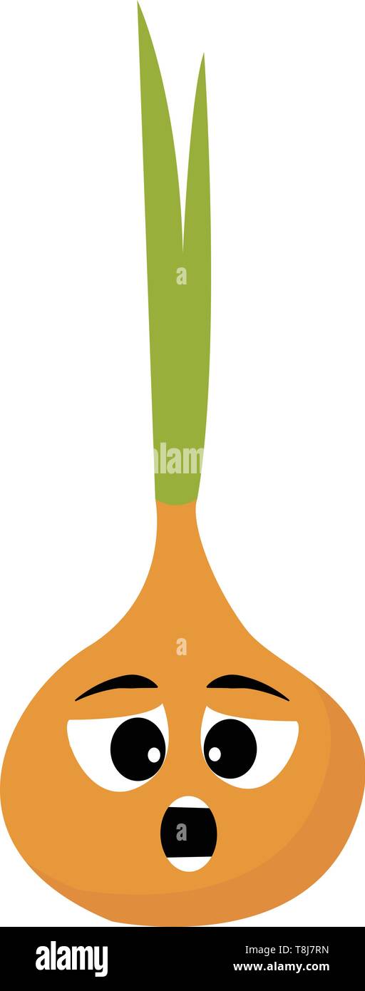 Emoji einer braunen Zwiebel garniert mit dem grünen Blatt Stamm hat zwei gekreuzte rollte die Augen nach links und mit dem Mund weit geöffnet sieht überraschend, v Stock Vektor