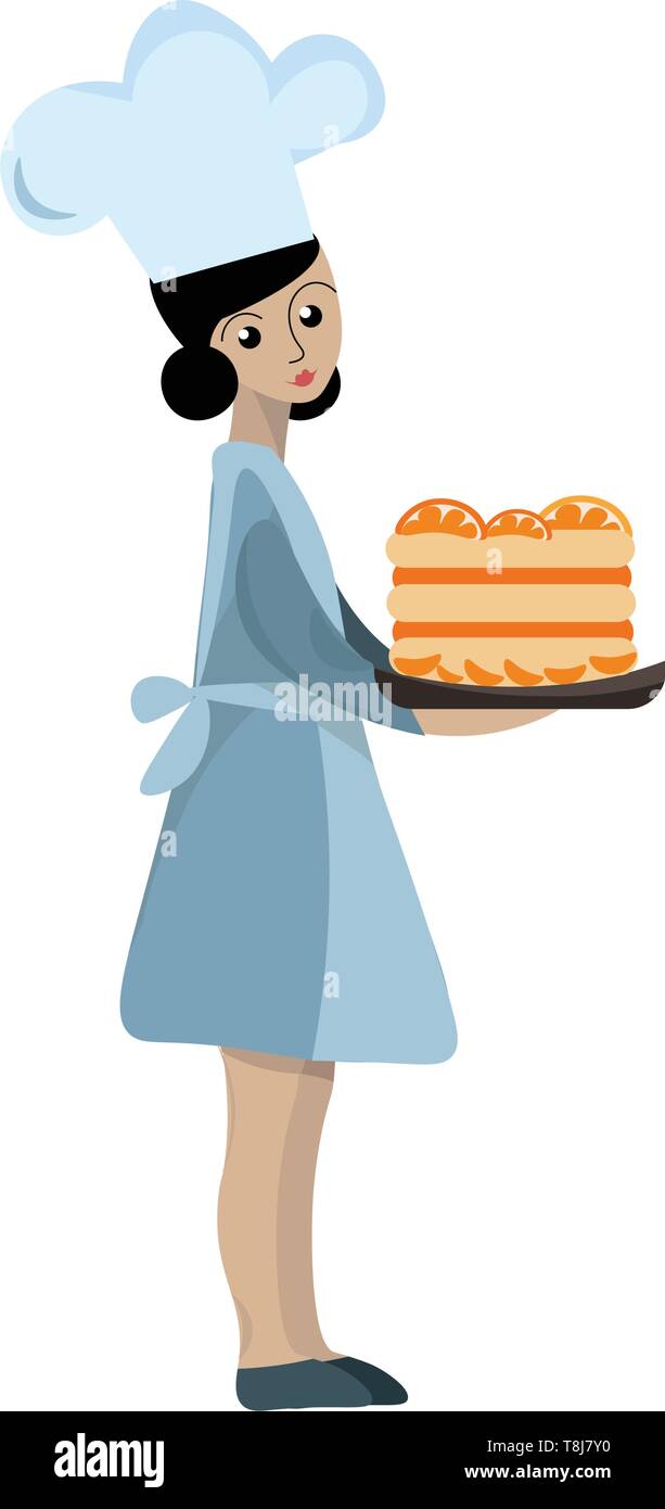 Ein konditor Frau in ihrer blauen Uniform und dem weißen Hut trägt eine große Gebäck orange Kuchen mit den Augen gerollt drückt Trauer, Vector, Farbe drawin Stock Vektor
