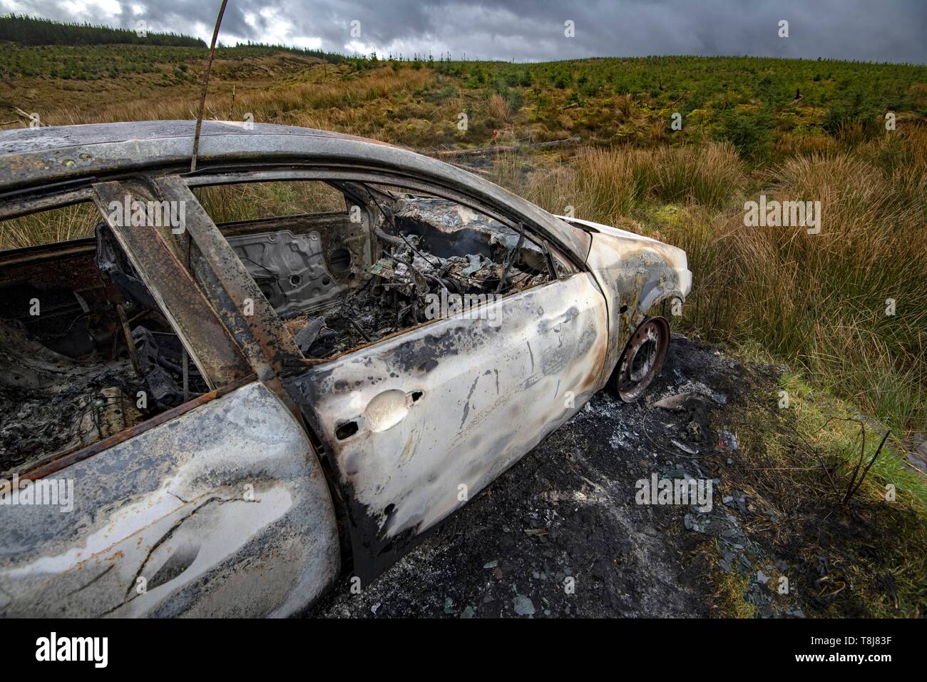 Großbritannien, Nordirland, Ulster, County Tyrone, Sperrin Mountains, aus dem Auto verbrannt Stockfoto