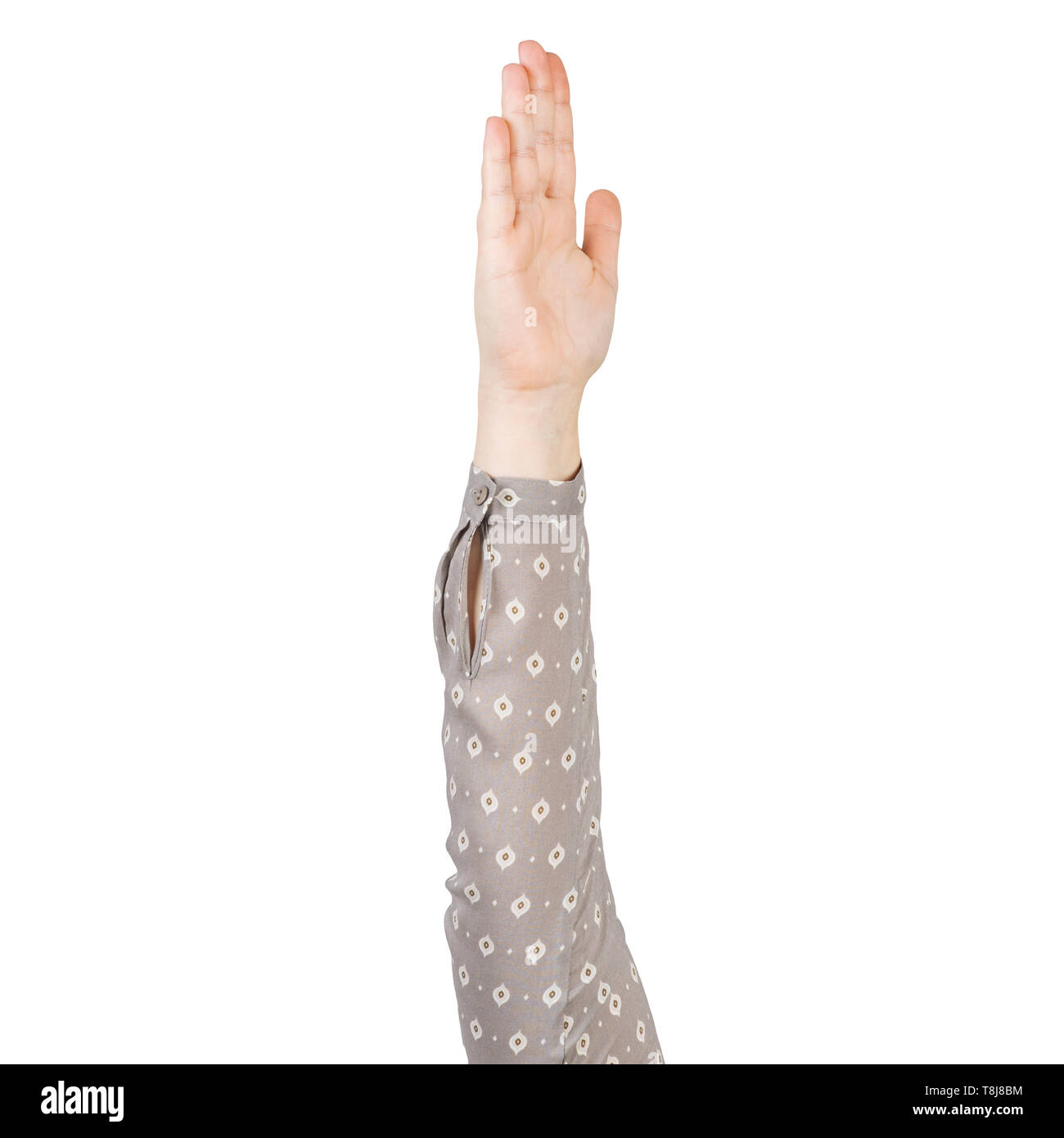 Frau Hand in grau Bluse palm angezeigt Stockfoto