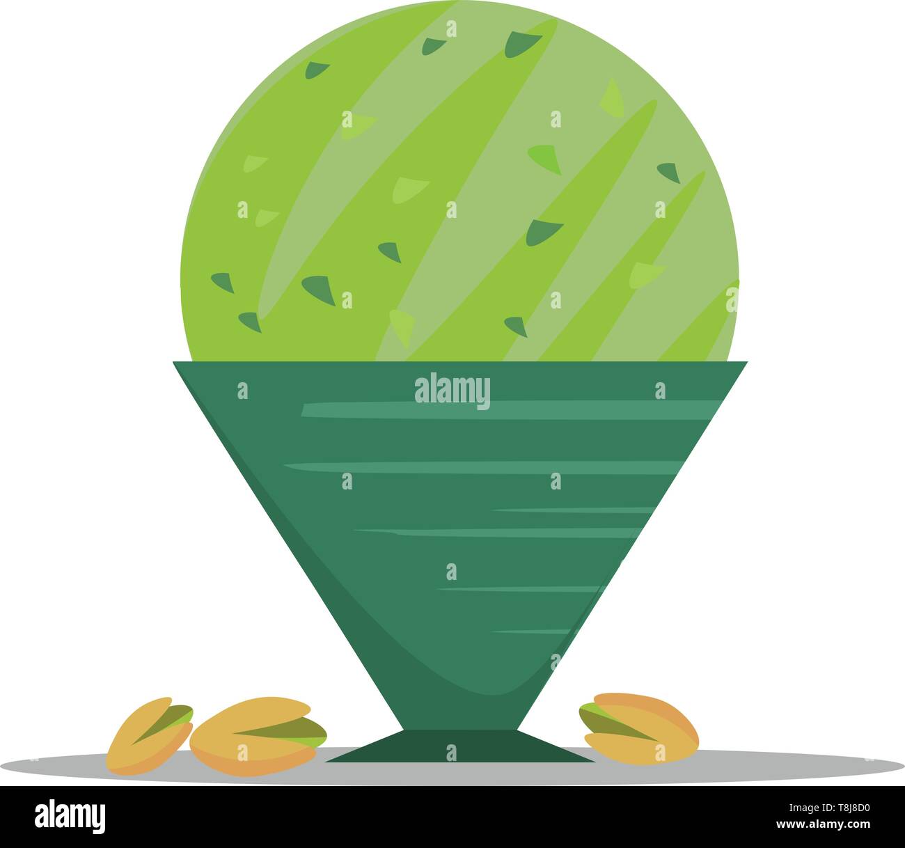 Eine grüne Pistazien Eis und Paar split Pistazien näher liegend auf weißem Hintergrund von vorne, Vektor gesehen isoliert, Farbe, Zeichnung oder Stock Vektor