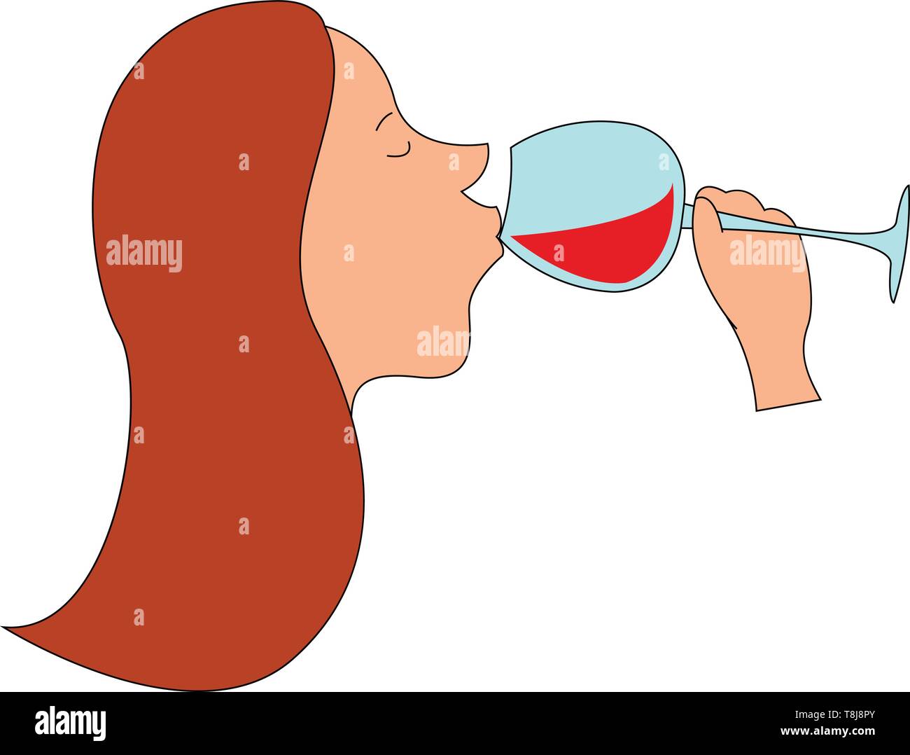 Ein Gesicht einer jungen Frau genießen Rotwein aus eleganten Teil Glaswaren auf weißem Hintergrund von der Seite, Vektor angesehen Set isoliert, Farbe, Zeichnung oder Stock Vektor