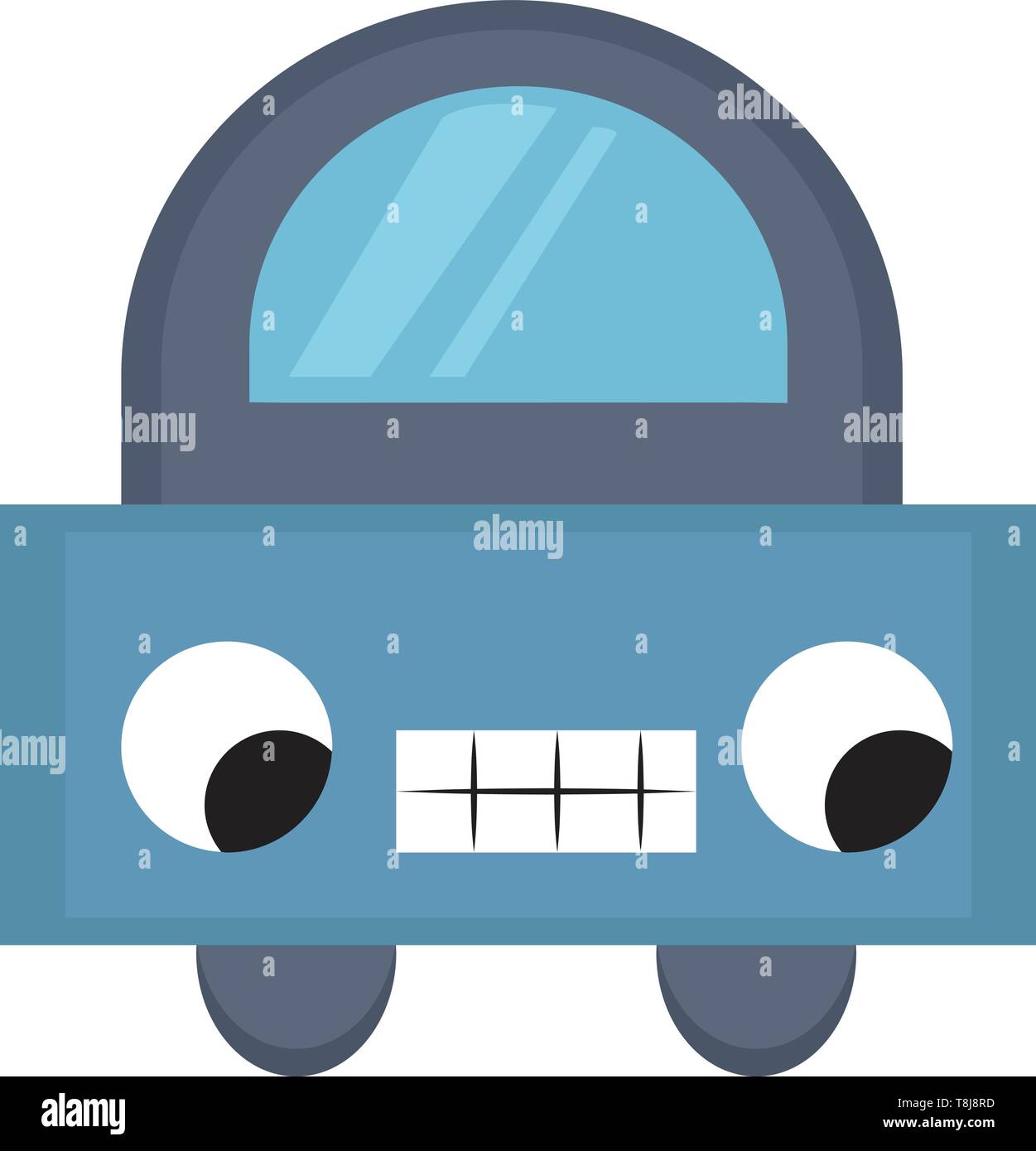 Cartoon Bild eines niedlichen Auto-Roboter hat zwei Augen unten gerollt - Links, und Mesh - wie Zähne aussehen liebenswert auf weißem Hintergrund von vorne gesehen, ve Stock Vektor