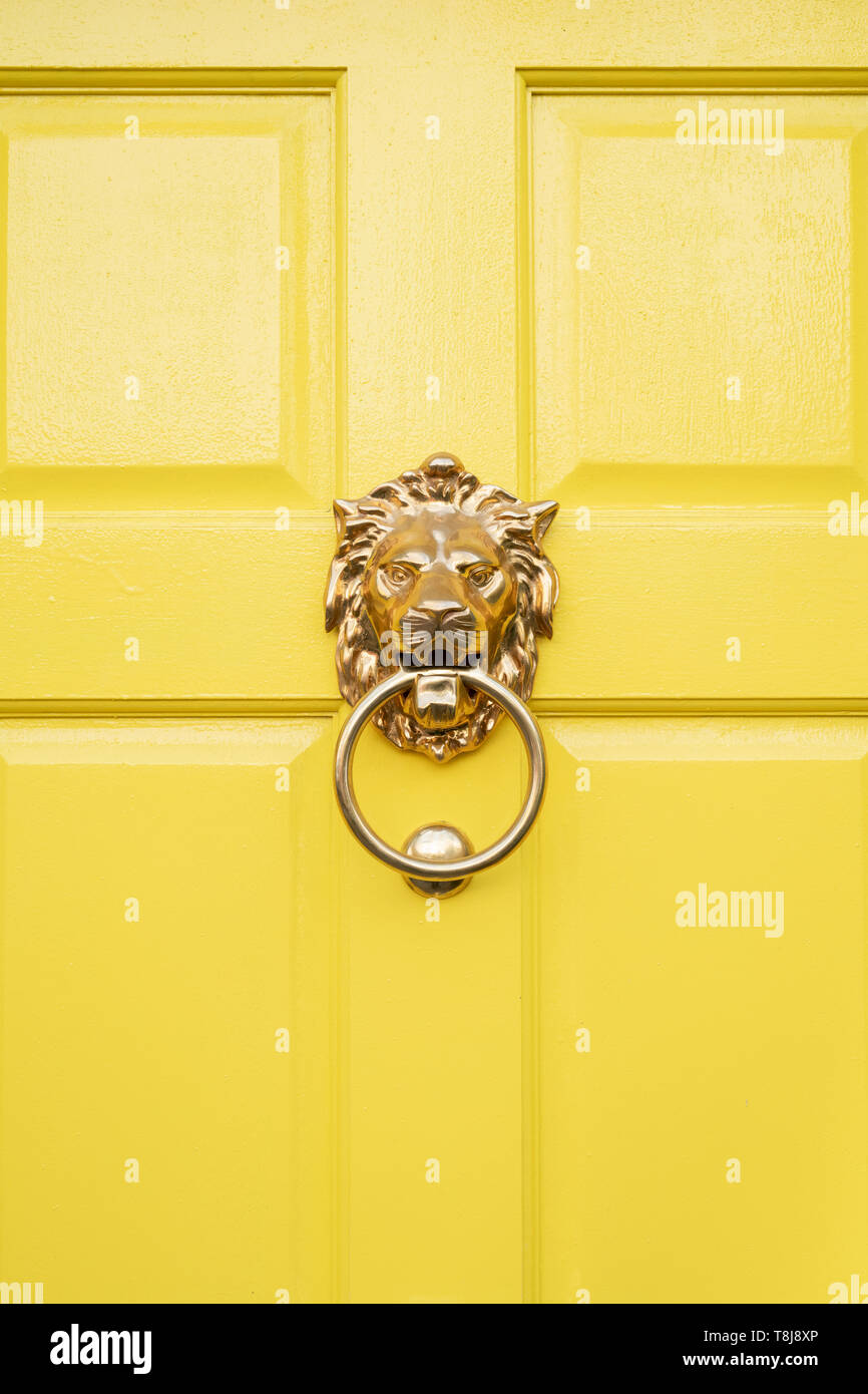Messing Türklopfer Löwe auf das kleine gelbe Tür. Alle Heiligen Straße, Notting Hill, London, England Stockfoto