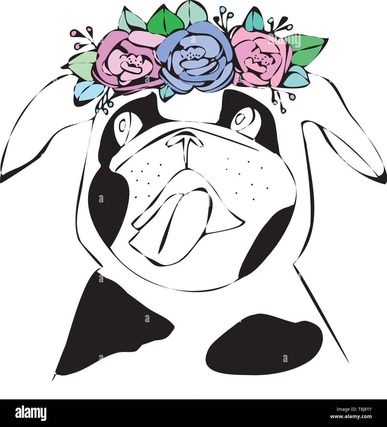 Hund mit hellen Blume. Hand gezeichnet Abbildung: Mops. Stock Vektor