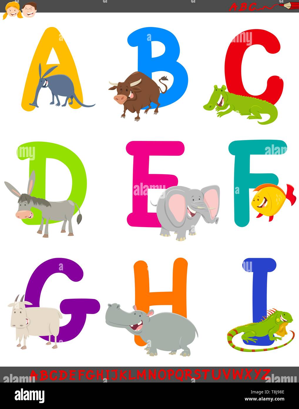 Cartoon Illustration von bunten Alphabet Set aus Buchstaben A bis I mit glücklichen Tier Zeichen Stock Vektor