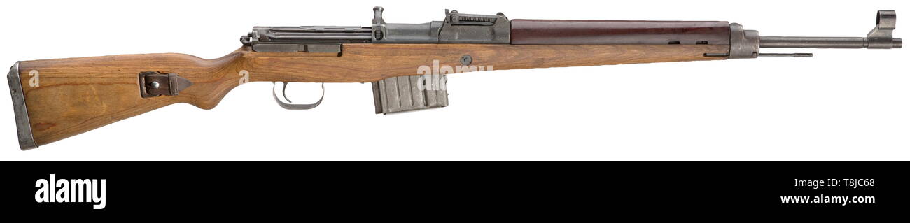 Eine selbstladende Waffe K43, Code "qualifizierte Berufsausbildung 45'Cal. 8 x 57, No. 2357. Übereinstimmende Nummern. Grobe Bohrung. Umfang der Bahn. 1945 an der Berlin-Lübecker Maschinenfabrik, Lübeck hergestellt. Verschiedene Akzeptanzzeichen eagle/214. Staubschutz. Die komplette original beenden. Dunkelbraun Bakelit Handschutz. Passend nummerierten laminiert lieferbar mit Akzeptanzzeichen eagle/214, minimale Gebrauchsspuren. Komplett mit Gurt, Reinigungsstab und original mit Kapuze vor Augen. Fast neuwertigem Gesamtzustand. Erwerbsscheinpflichtig. historischen, geschichtlichen, ordnance Waffe, Waffe, Waffen, Additional-Rights - Clearance-Info - Not-Available Stockfoto