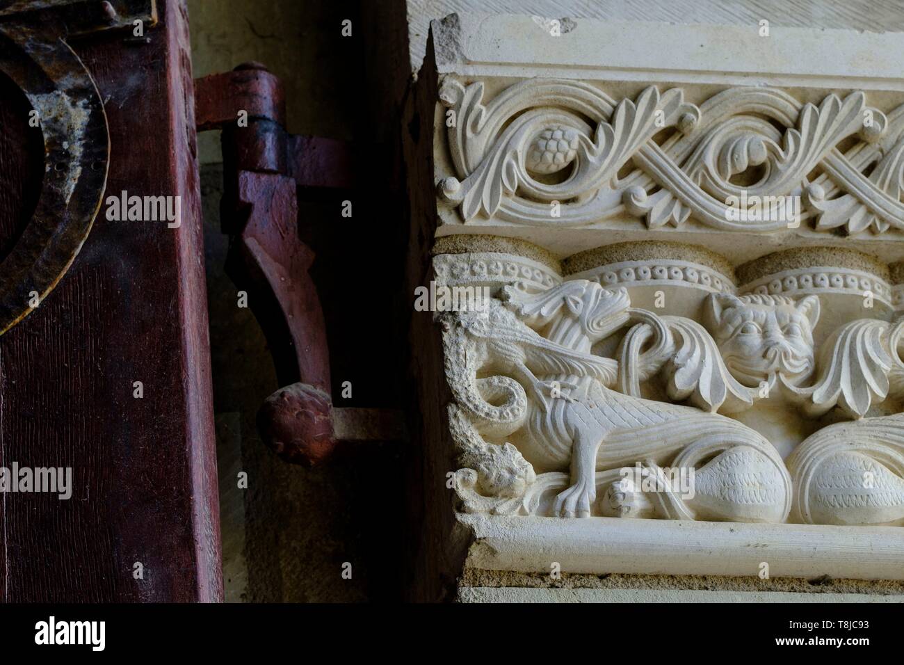 Frankreich, Maine et Loire, Fontevraud l'Abbaye, Tal der Loire, Weltkulturerbe der UNESCO, Abtei von Fontevraud, 12-17. Jahrhundert, die Abtei Kirche vom 12. Jahrhundert, der Hauptstadt Detail Stockfoto