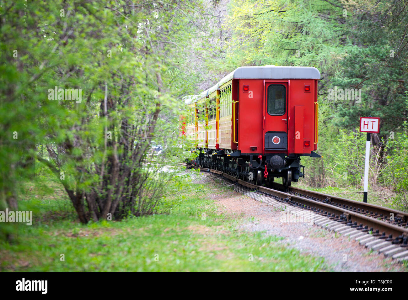 Die Rückseite des Zuges mit einem roten Wagen am Ende der Straße durch eine wunderschöne Landschaft, Eisenbahn. Das letzte Auto der abgehenden Zug Stockfoto