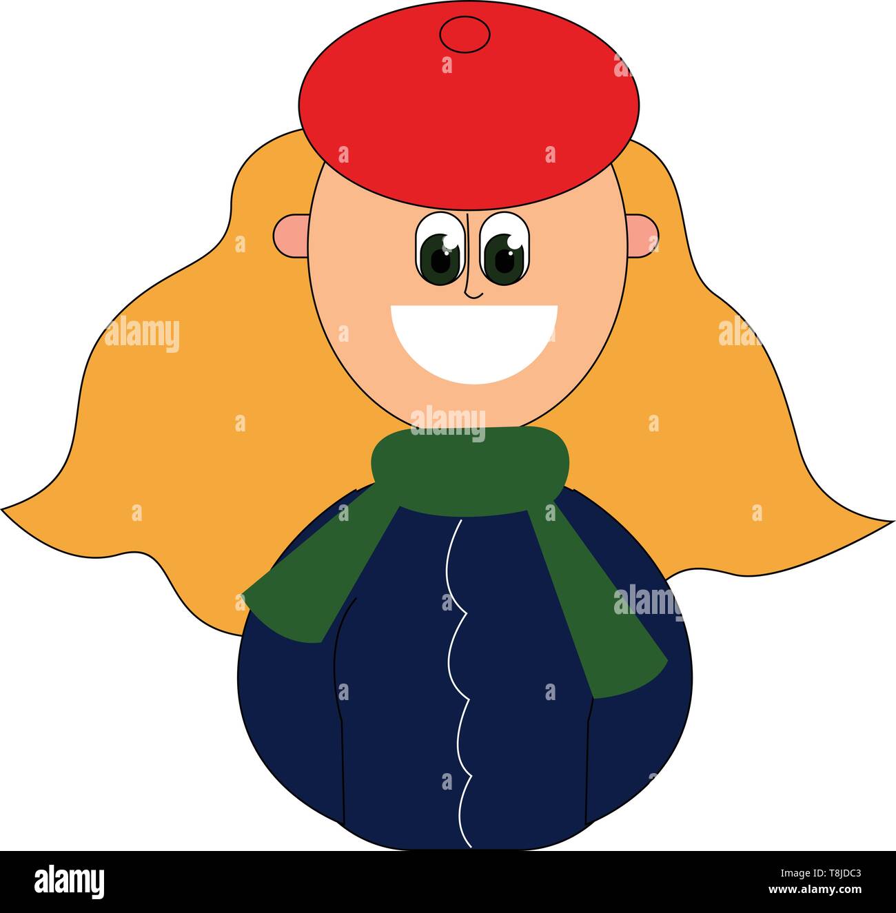 Zeichnung von Mädchen mit Red Hat, blue Outfit mit schönen Bogen mit offenem Haar, Vector, Farbe, Zeichnung oder Abbildung. Stock Vektor