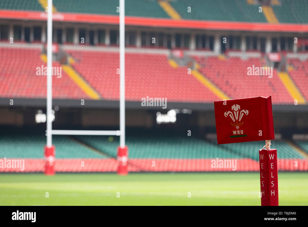 Die Tonhöhe und steht einer leeren Fürstentum Stadium in Cardiff Stockfoto