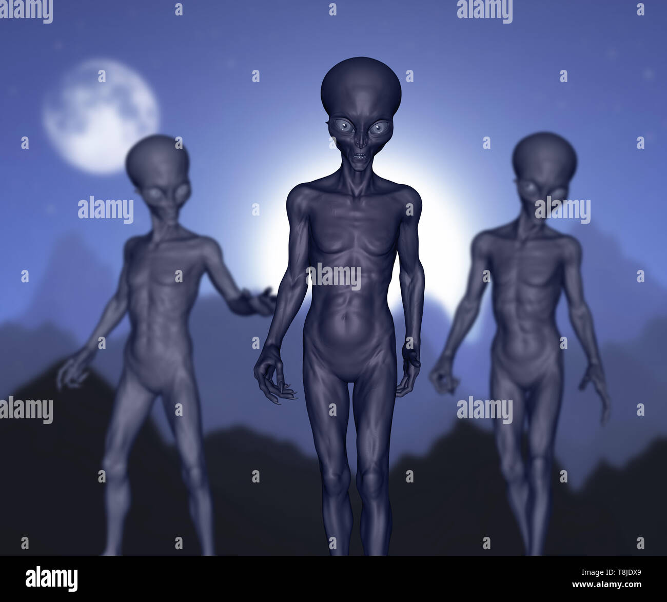 3D-Render von Spooky Aliens gegen Berg und Mondlandschaft Stockfoto