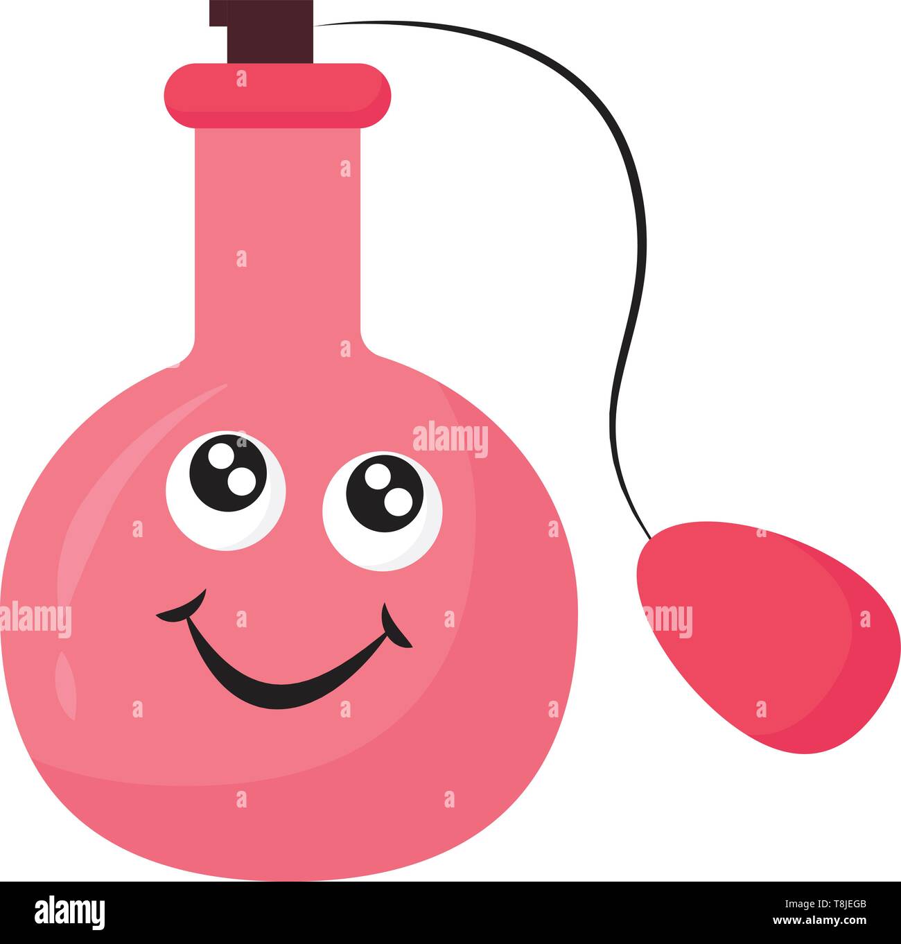 Rosa gefärbte Flasche, mit funkelnden Augen und lächelndes Gesicht, ein schwarzer Kork und einer Pumpe Parfüm, Vektor zu lösen, Farbe, Zeichnung oder Abbildung. Stock Vektor