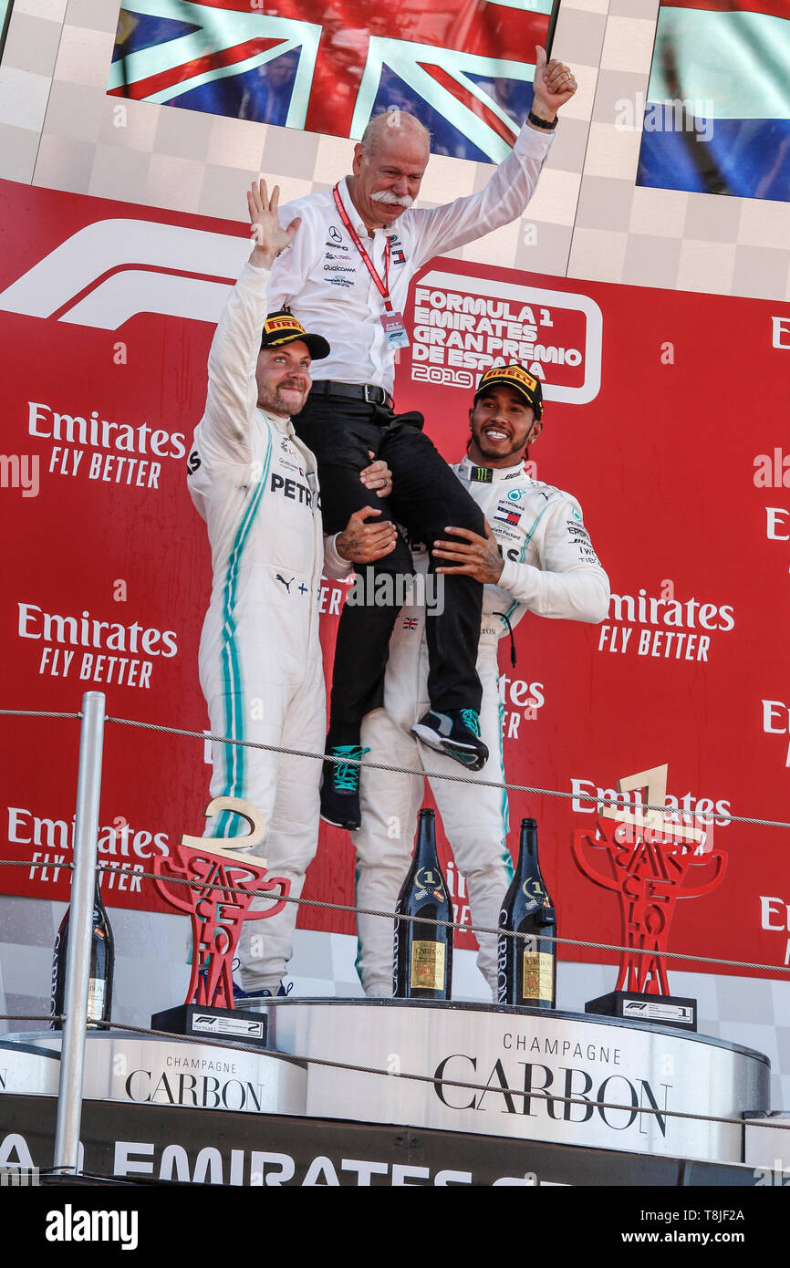 F1 Welt Champioship 2019. Grand Prix von Spanien. Barcelona, 9.-12. Mai 2019. Präsident Mercedes Dieter Zetsche mit Lewis Hamilton und Valtteri Bottas. Stockfoto