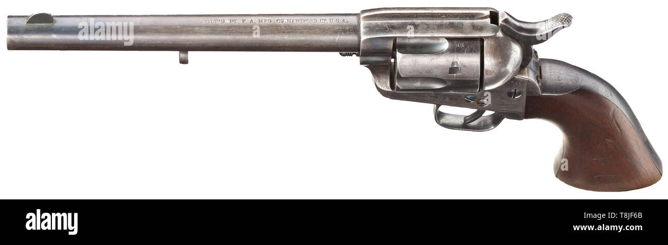 Ein Colt M 1873 Single Action army Kal. .45 Colt, nein. 47555, übereinstimmenden Nummern. Im Jahre 1878 hergestellt. Helle (!) 7 1/2" barrel, Finish etwas bestoßen, an der oberen Seite standard Inschrift. Einsatzgehärtete frame, auf der linken Seite Patentdaten und 'uns' Stempel, in der unteren Reihe und Akzeptanz Marke "H.N.". Gebläute 6-shot Zylinder, leicht eingerieben. Laden Kerbe ermüdet. Abzugsbügel und Grip frame auch mit der Anzahl und der Akzeptanz. Glatte Nussbaum grip Panels mit Mark und der ovale Inspector das Jahr "1878", mit der rechten Griff Panel auch mit Abnahme Marke "H.N.' auf un-Additional-Rights Clearance-Info - Not-Available Stockfoto