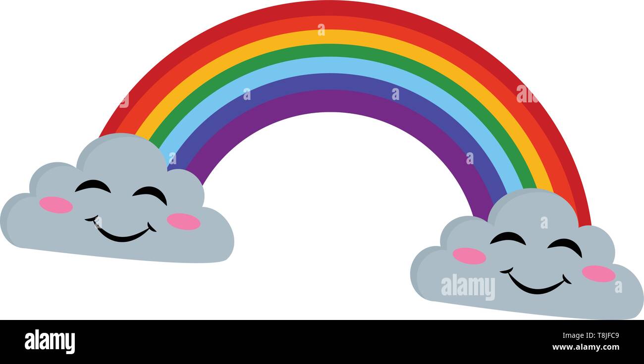 Rainbow, die aus zwei Wolken mit lächelnden Gesichtern, Vector, Farbe, Zeichnung oder Abbildung. Stock Vektor