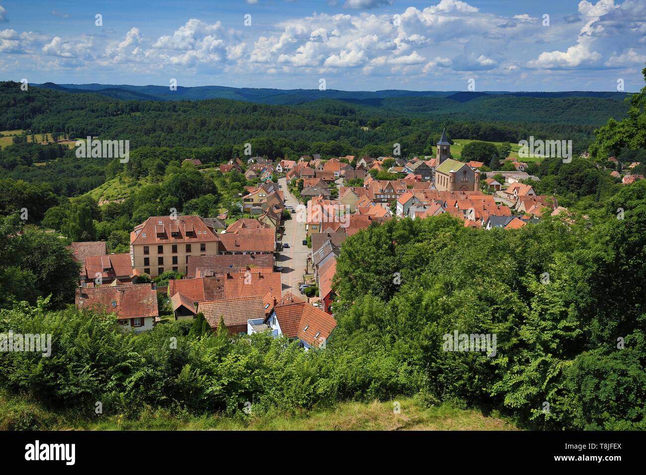 Frankreich, Bas Rhin, Lichtenberg, Dorf Lichtenberg aus dem XIV und XVI Jahrhundert Schloss gesehen Stockfoto