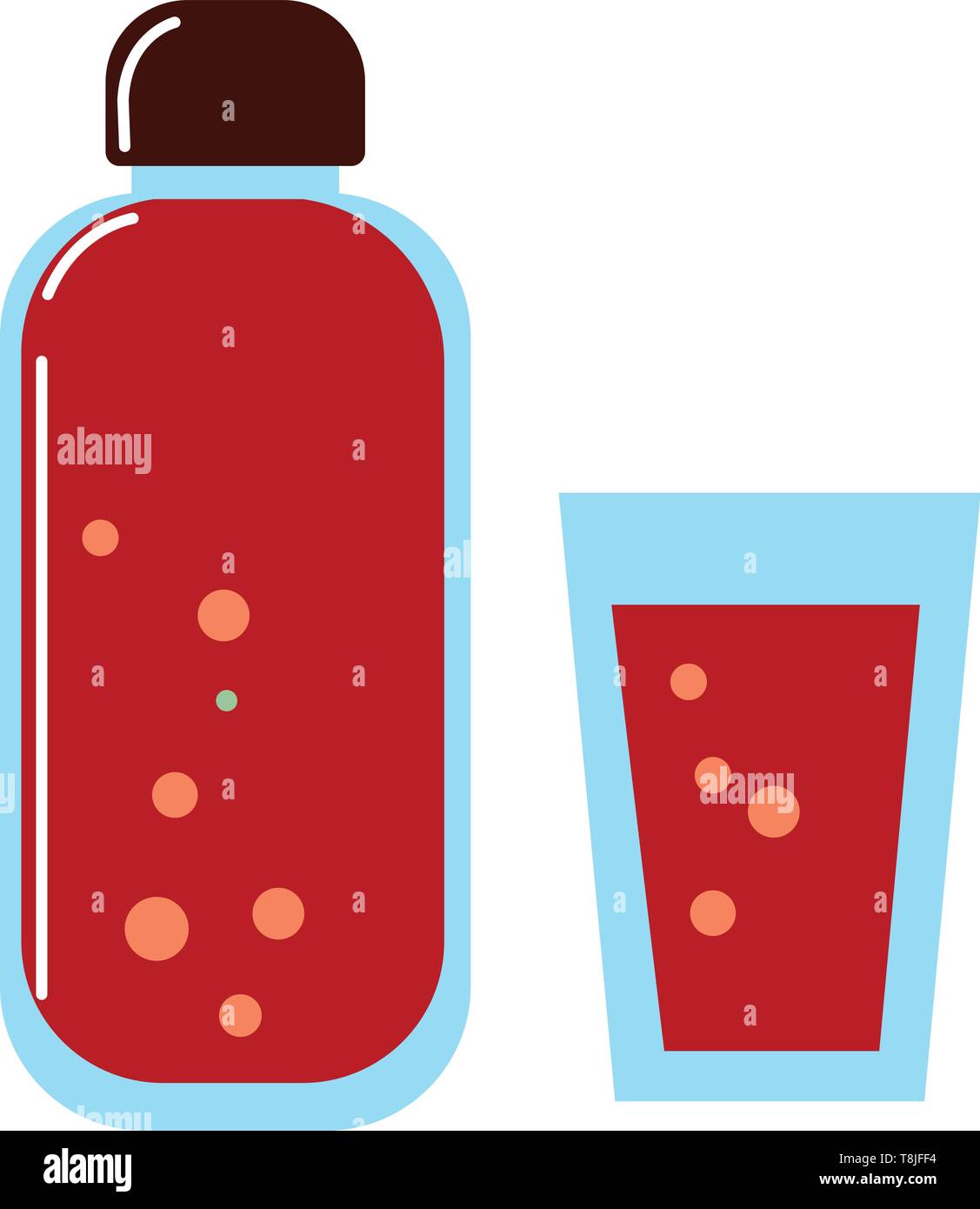 Ein rotes Getränk in blauer Flasche und blau gefärbten Glas mit schwarzen Kappe, Vector, Farbe, Zeichnung oder Abbildung. Stock Vektor