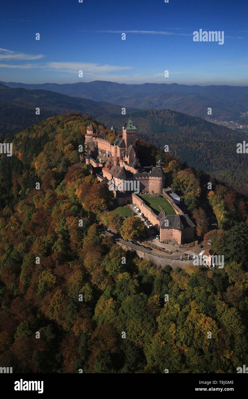 Frankreich, Bas Rhin, der Oberen Koenigsbourg Schloss am Fuße der Vogesen und mit Blick auf die Ebene des Elsass, mittelalterliche Burg aus dem 12. Jahrhundert, Es ist eingestuft als historisches Denkmal (Luftbild) Stockfoto