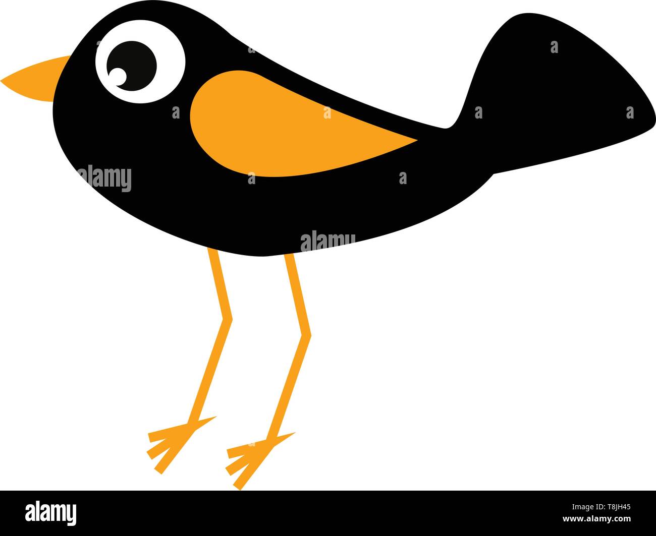 Ein schwarzer Vogel mit gelbem Flügel, Schnabel und Beinen, mit großen Augen, mit einem großen Schwanz, Vector, Farbe, Zeichnung oder Abbildung. Stock Vektor