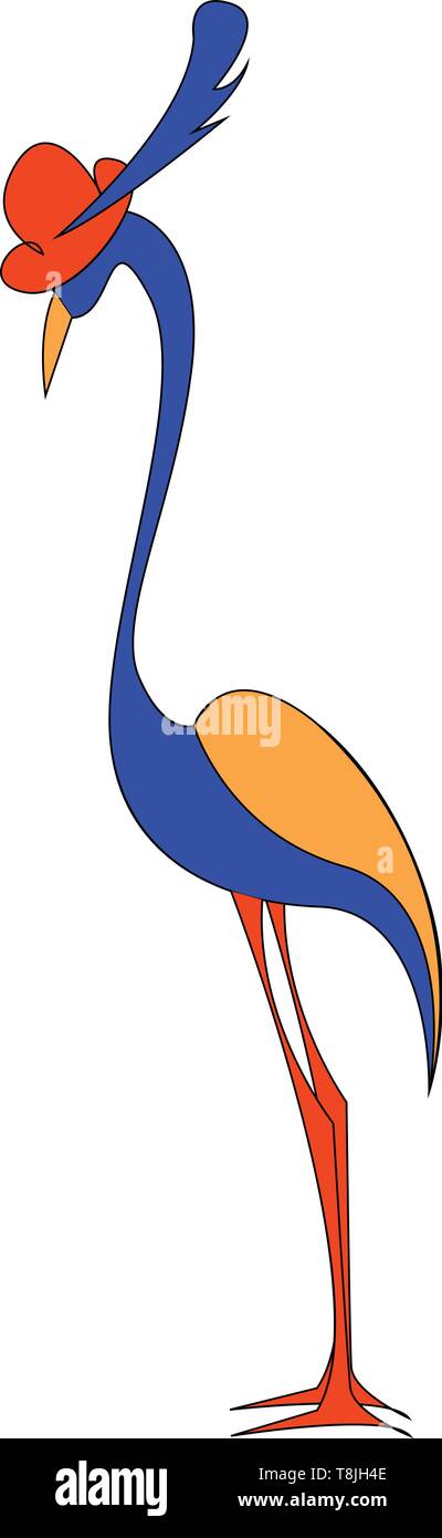 Einen langen blauen Vogel mit gelben Flügel, trug einen roten Hut mit Feder, mit langen Schnabel, mit langen Beinen, Vector, Farbe, Zeichnung oder Abbildung. Stock Vektor