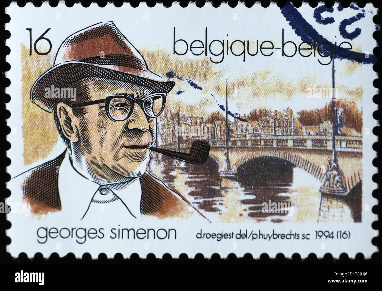 Roman Schriftsteller Georges Simenon auf belgische Briefmarke Stockfoto