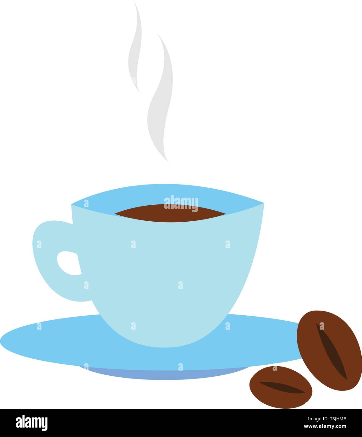 Eine blaue Tasse heißen Kaffee mit Untertasse, mit zwei Kaffeebohnen, Vector, Farbe, Zeichnung oder Abbildung. Stock Vektor