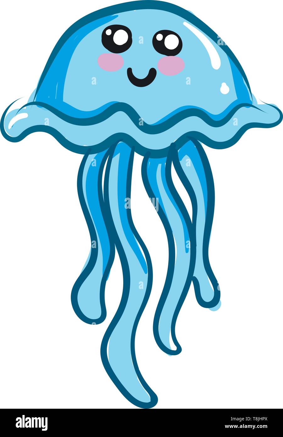 Blaue Qualle mit einem Gesicht, das mit schwarzen und weißen Augen, rosa Wangen und Lippen schwarz auf weißem Hintergrund. Es hat 4 blaue Tentakeln., Vector, Farbe dr Stock Vektor