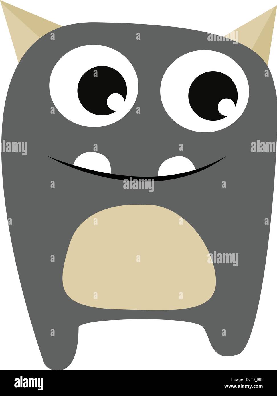 Graue Monster mit zwei Hörner, zwei Zähne, große Augen, Vector, Farbe, Zeichnung oder Abbildung. Stock Vektor
