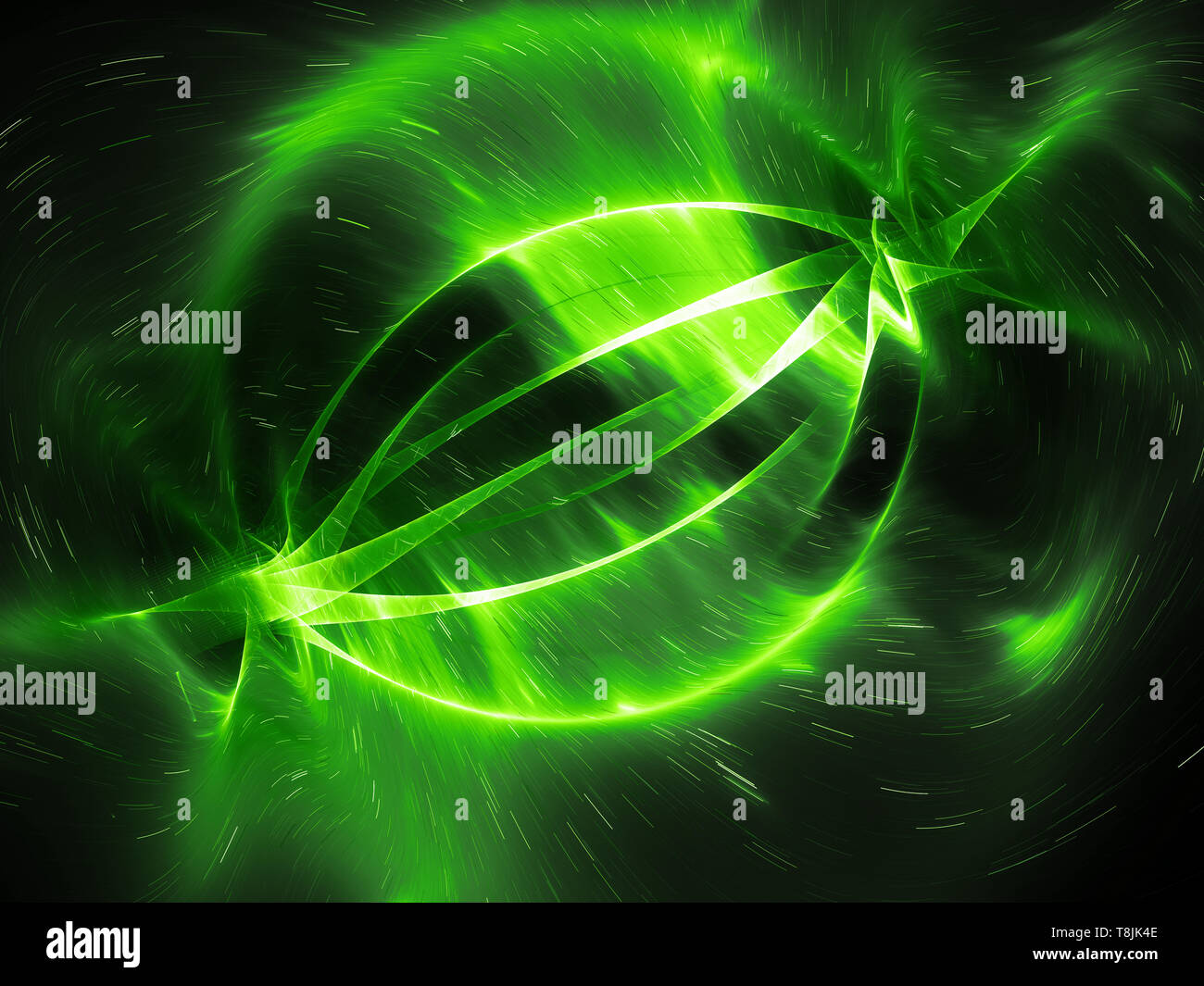 Grün leuchtende Energie Streicher im Raum, Computer-generierte Zusammenfassung Hintergrund, 3D-Rendering Stockfoto