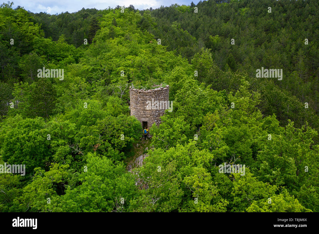 Luftaufnahme der Ruinen von historischen Verteidigung Steinturm und Frau in gelber Jacke im dichten grünen Wald von drohne getroffen. Gradin, Slowenien Stockfoto