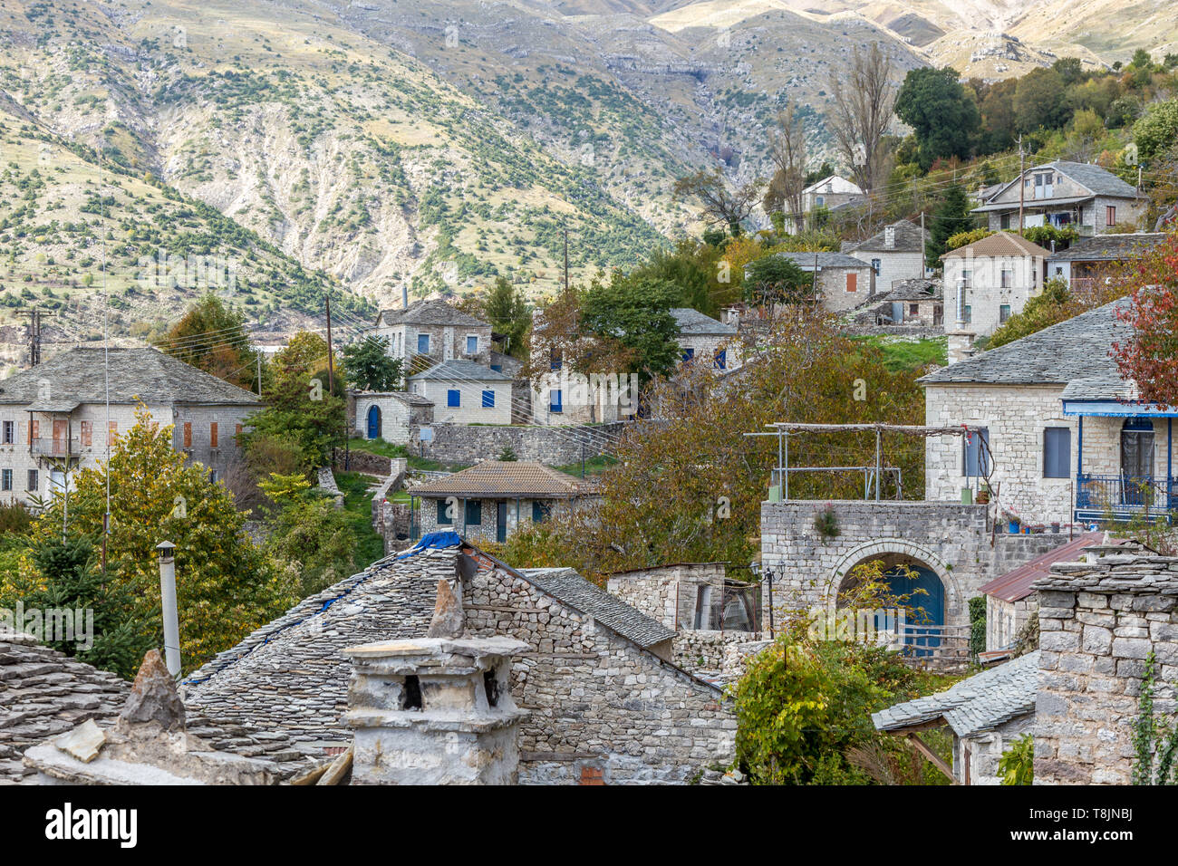 Traditionelles Dorf von Kalarrytes, in der Region Tzoumerka, Ioannina, Epirus, Griechenland, Europa. Stockfoto
