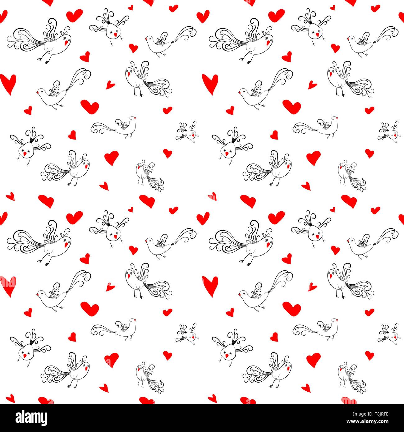Vektor nahtlose Muster mit Vögeln und Herzen. Stock Vektor