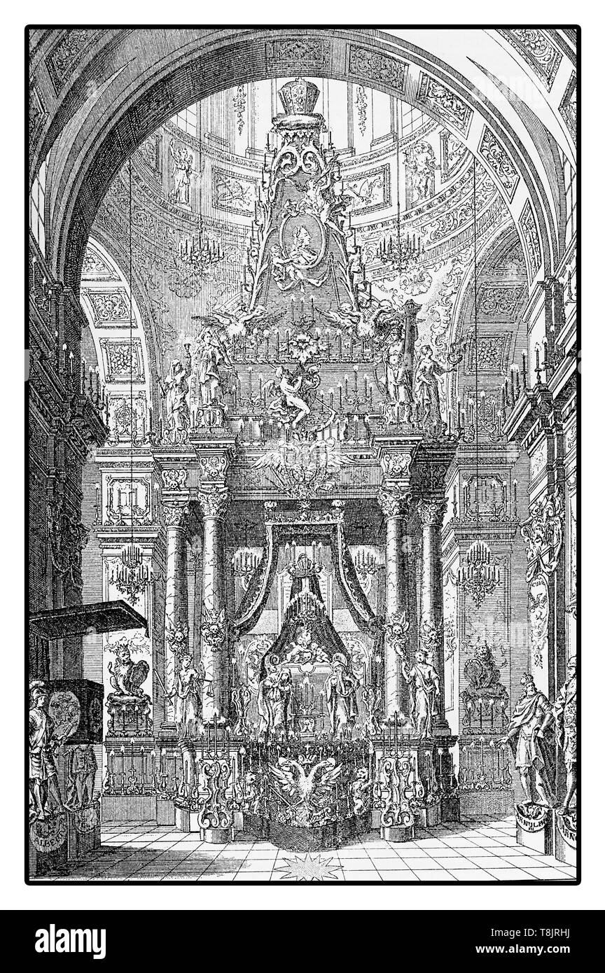 Katafalk von Charles VII Heiligen Römischen Kaiser und Kurfürst von Bayern in der theatiner Kirche in München, Jahr 1745 Stockfoto