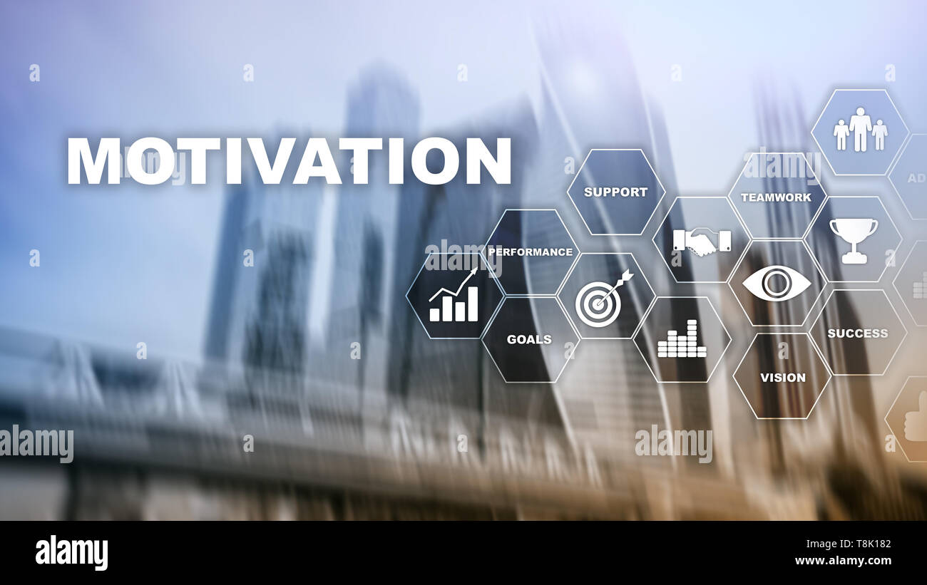 Motivation Konzept mit den Elementen. Business Team. Finanzkonzept auf verschwommenen Hintergrund. Mixed Media Stockfoto