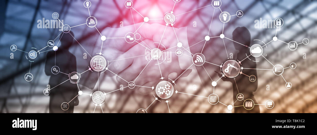 Industrielle Business Process Workflow Organisation Struktur auf virtuellen Bildschirm. IOT smart Industrie Konzept Mixed media Diagramm Stockfoto