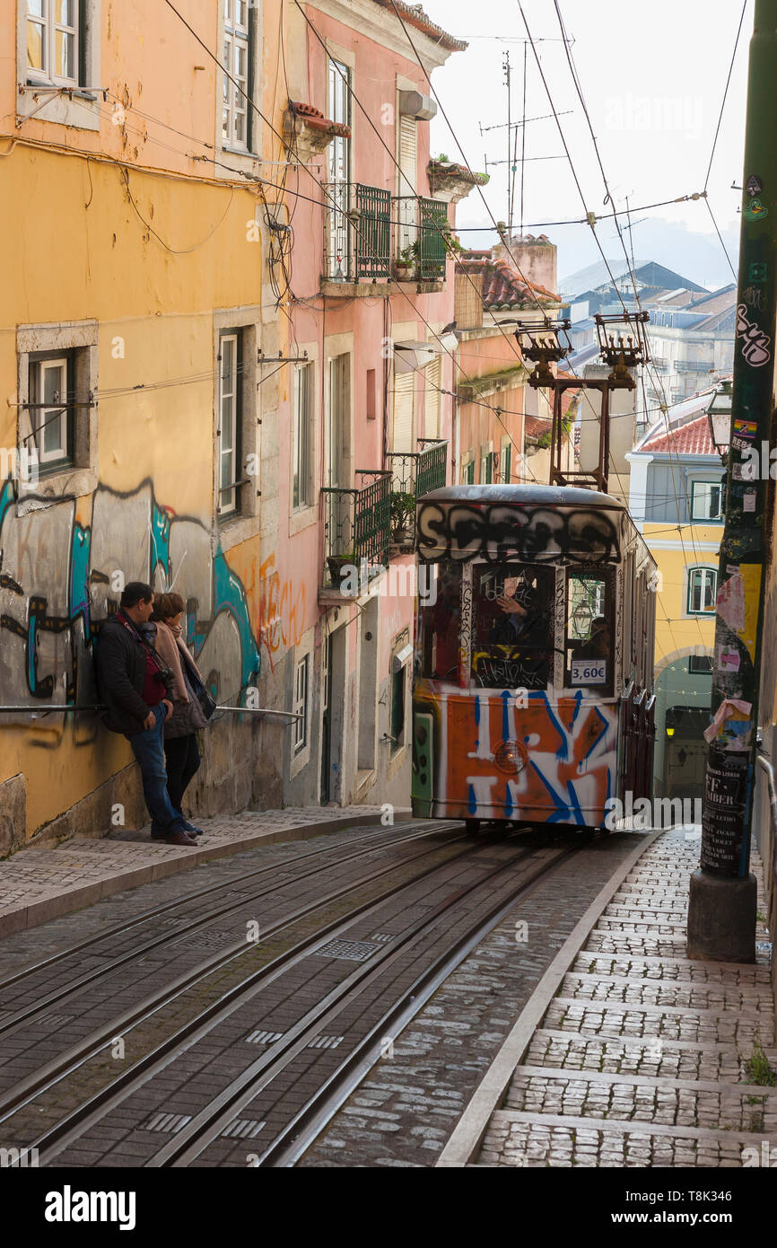 Graffiti - überdachte Ascensor da Bica, Lissabons älteste Standseilbahn, Misericórdia, Lissabon, Portugal Stockfoto