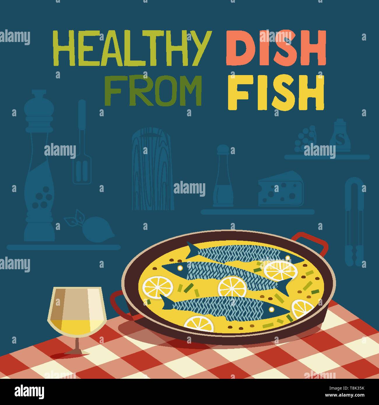 Flache Hand gezeichnet Vektor Fisch kochen Typografie Poster Stock Vektor