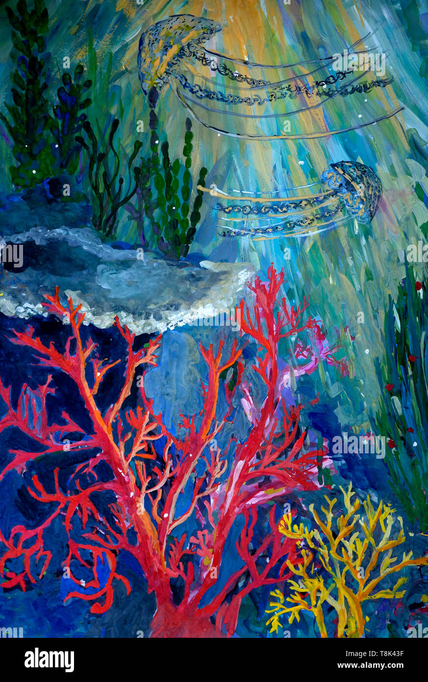 Quallen und Meer Pflanzen unter Wasser, Gouachemalerei, naiven Stil, bunte Stockfoto