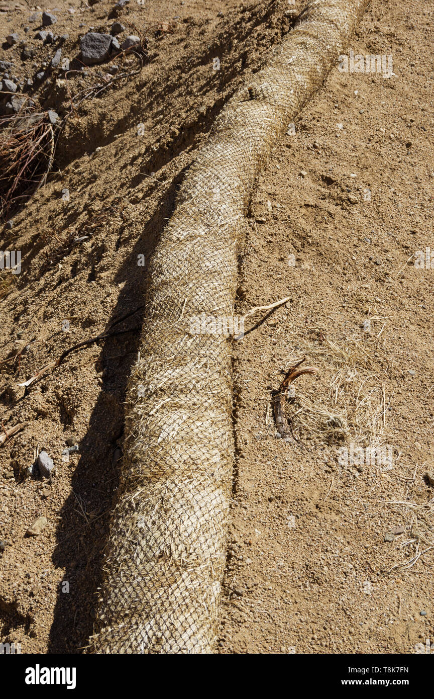 Stroh wattle an einem Hang Abfluss zu steuern und Erosion bei einer Baustelle verhindern angebunden Stockfoto